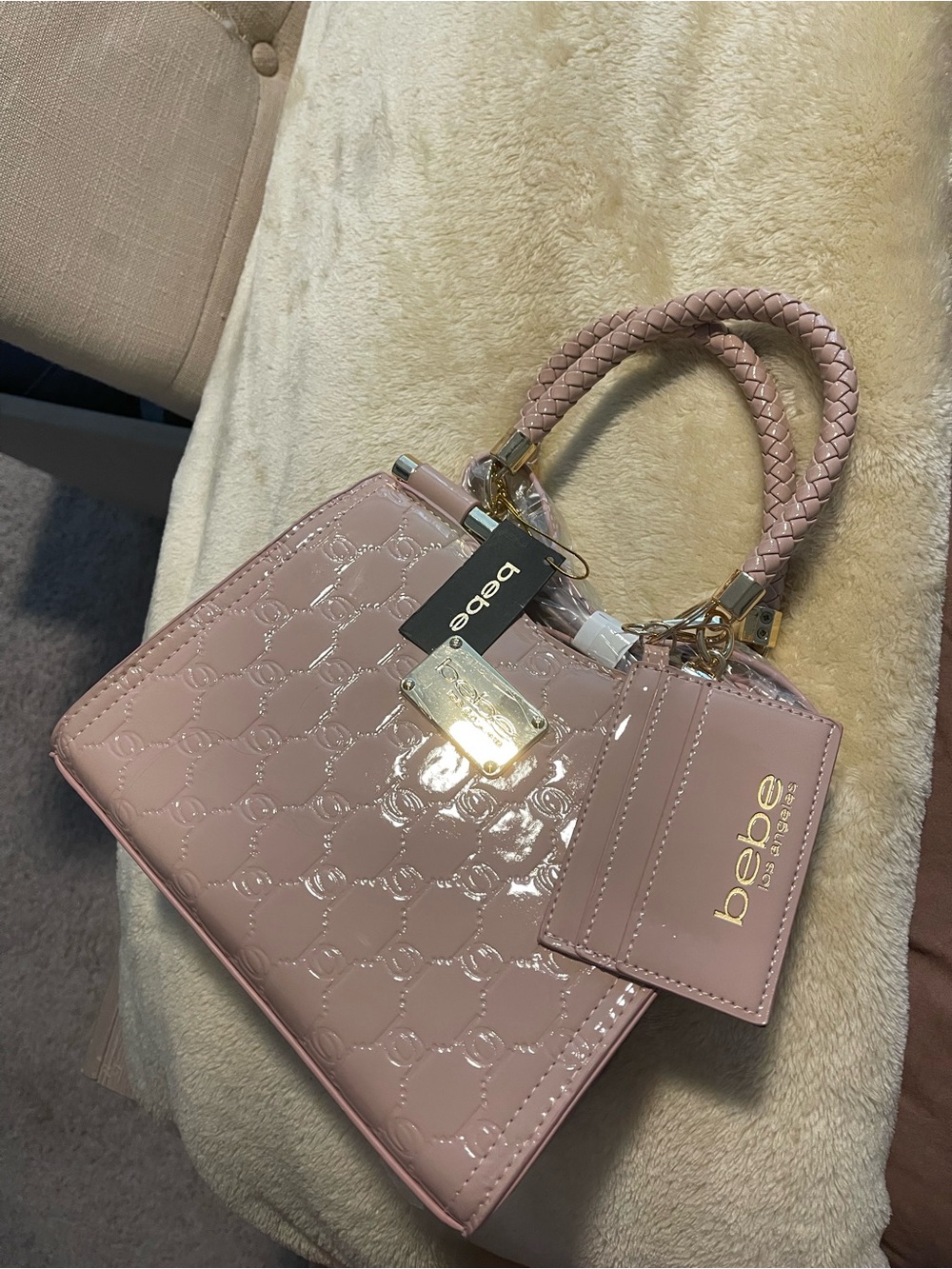 bebe Blush Patent Quilted Satchel with Braided Handles NWT